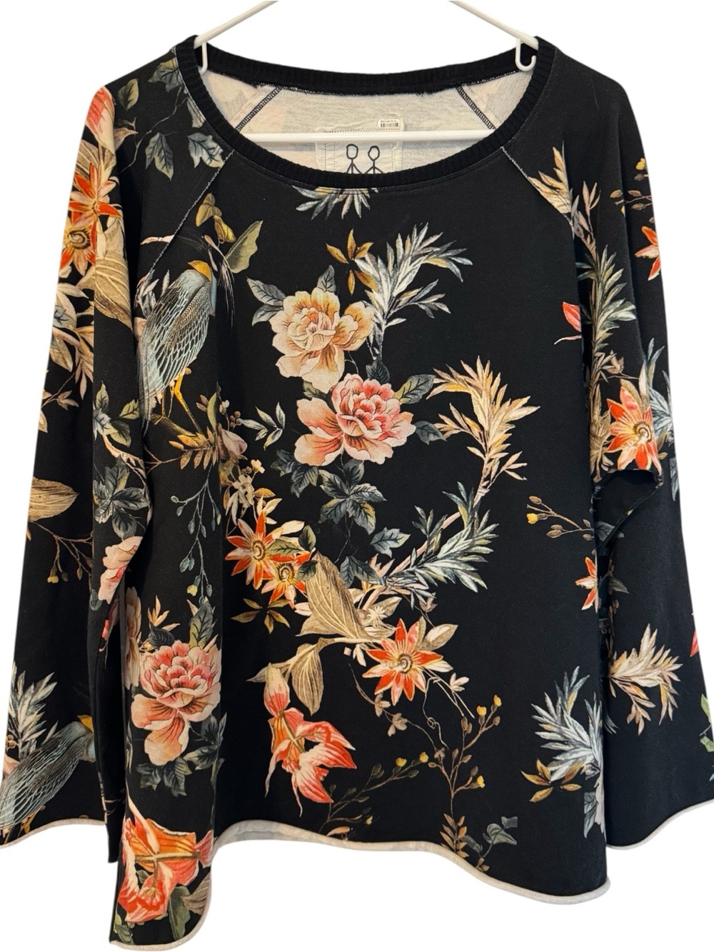 Pete & Greta By Johnny Was Black Floral Bird Print Raglan Long Sleeve Top Large